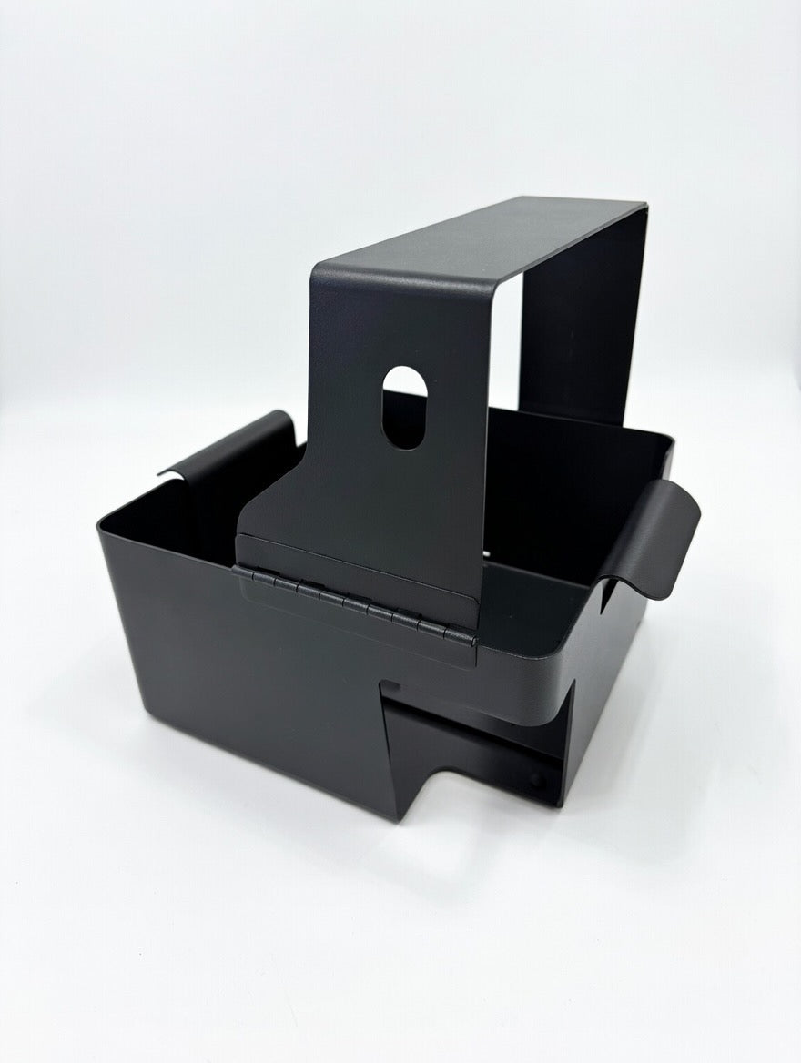 Empty Metal security case for MedaCube viewed from the left.