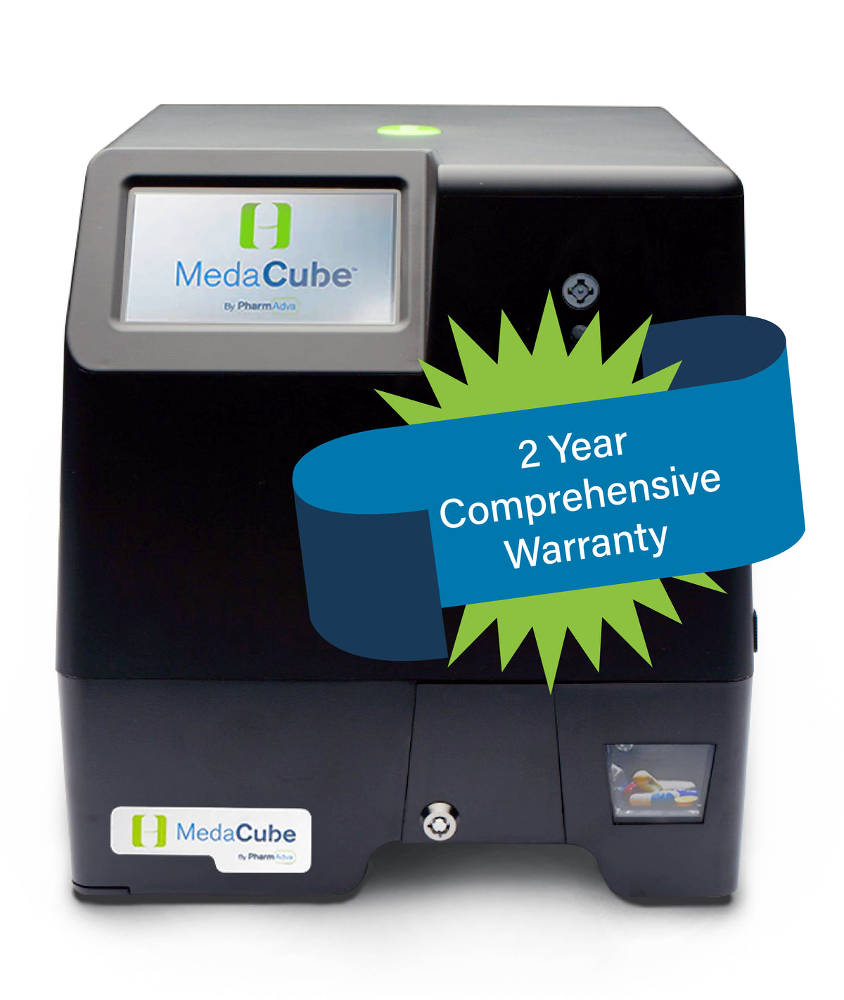 MedaCube device showcasing its optional 2-Year Comprehensive Warranty with prominent blue warranty banner.