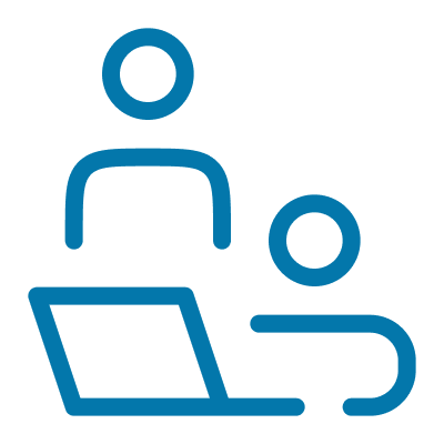 A blue line icon depicting two stylized people seated at a laptop on a transparent background.
