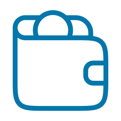 A blue outline icon of a wallet on a transparent background.
