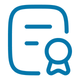 A blue outline icon depicting a document or certificate with a ribbon seal, set against a transparent background.