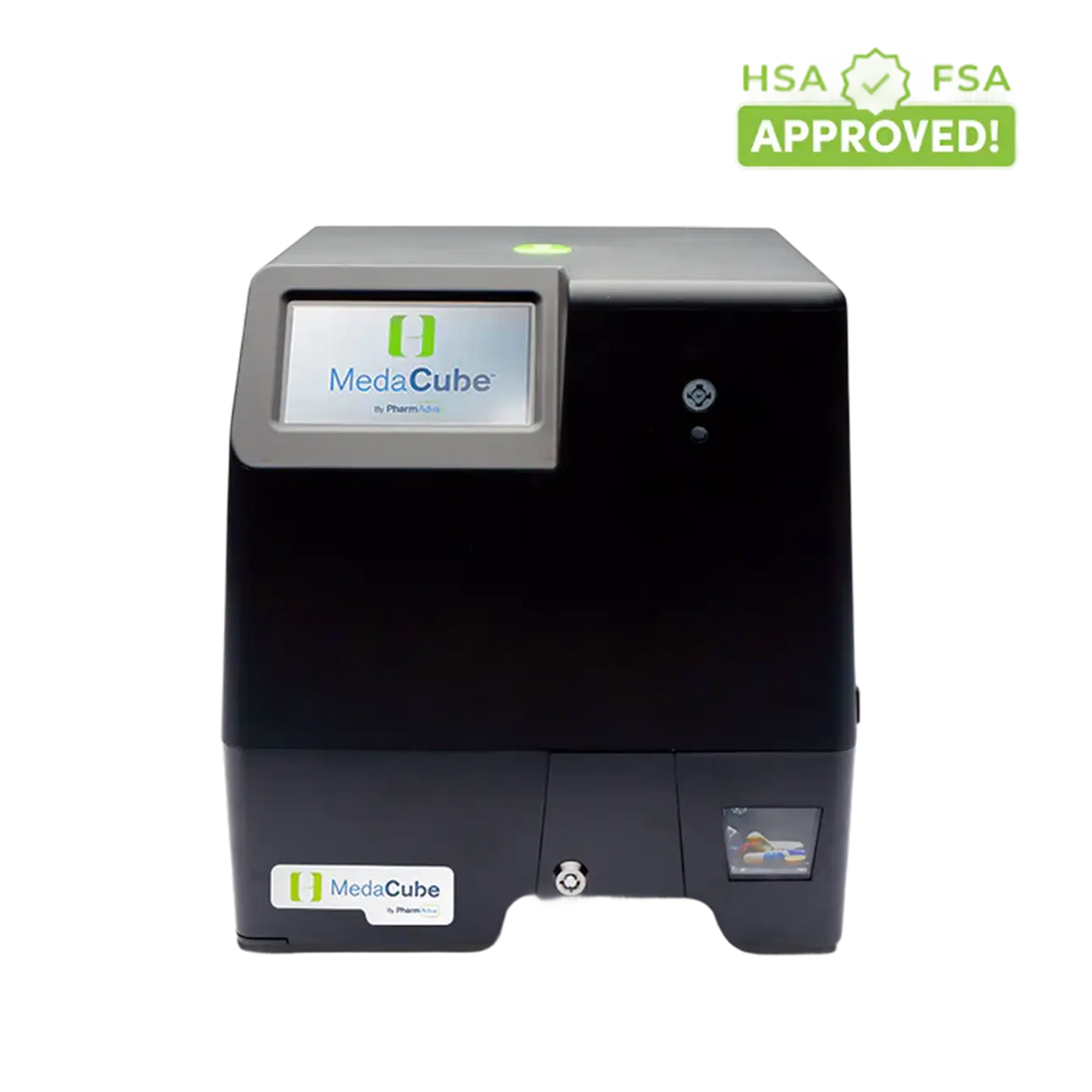 A black MedaCube automatic pill dispenser and an HSA/FSA Approved badge in the top right corner, set against a transparent background.